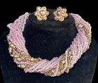 Signed Hattie Carnegie Pink Goldtone Demi Parure 16 Strand 18”Necklace Earrings