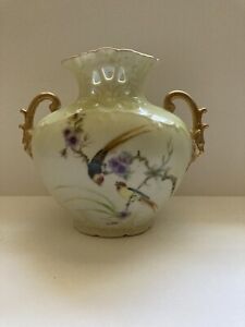 Vintage Porcelain Openwork 6 inch Vase Bird Of Paradise Gold Face Handles signed