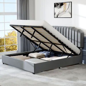 King Size Lift Up Storage Platform Bed Frame With Velvet Upholstered Headboard