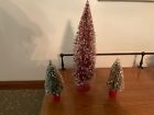 3 Vintage bottle brush Christmas trees. Green, cranberry color. 6-1/2”, 14”