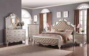 Modern Champagne Finish 6pc Bedroom Furniture Set King Size Bed Tufted HB FB