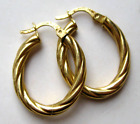 Vintage 14k Yellow Gold Rope Twist Oval Hoop Pierced Earrings