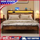 Full Queen Size Bed Frame with LED Light Wooden Storage Headboard Metal Platform