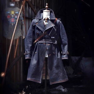 Mens Double Breasted Denim Trench Coat Belted British Military Vintage Style