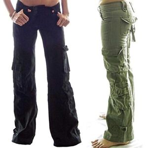 Womens Pockets Combat Cargo Work Trousers Ladies Sports Wide Leg Bottoms Pants