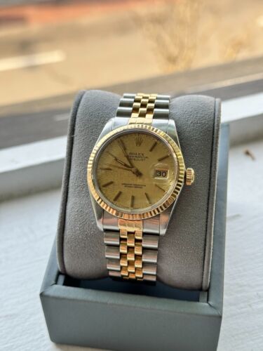 Rolex DateJust 16013 Champagne Stick Fluted Two Tone Gold Jubilee Watch Annivers