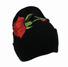Rose Embroider Black Beanie Knit Ski Headwear Cap Hat Warm Winter Cuff Men Women
