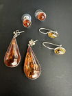 VINTAGE estate lot of 3 pair of baltic amber/silver earrings