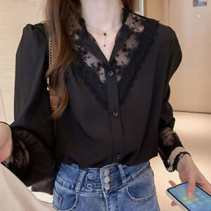 Women Chiffon Shirt Lace Splicing Top Floral Crochet Button Blouse OL Korean