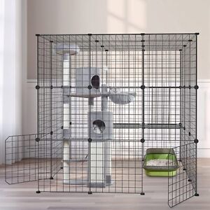 Extra Large Cat Cage Indoor Cat House w/ 2 Ladders 2 Doors Cat Crate For 1-4Cats