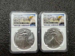 Lot of 2 - 2021 American Silver Eagle NGC MS 70 Early Releases, Eagle Landing T2