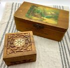 Lot of 2 Vintage Wooden Box Jewelry Trinket Carved Inlay Pine Chest Cottagecore