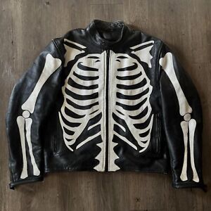 Men's Leather Jacket Motorcycle Skeleton Biker Genuine Cow Leather Jacket