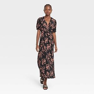 Women's Crepe Puff Short Sleeve Midi Dress - A New Day Black/Brown Floral M