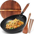 Carbon Steel Wok Pan, 5 Piece Authentic Chinese Wok & Stir-Fry Pans Set with