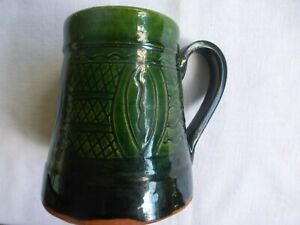 European Bulgarian Pottery Green Glazed Red Clay Beer Stein Mug 4.25