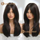 US Dark Brown Black Long Straight 23 Inch Wigs Synthetic Wigs with Bangs Daily