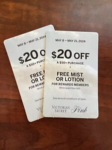 Lot of 2 Victoria’s Secret Coupon $20 Off $50 + Mist or Lotion, Use May 8-21