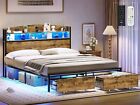 LED Bed Frame with Storage Headboard Metal Platform Bed with 4 Drawers Brown