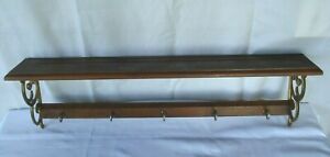 vtg Wooden wall Hanging Shelf w/ hooks brass tone scrolled plate groove display