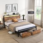 Full Size Bed Frame with Storage Headboard and 2 Drawers, LED Lights