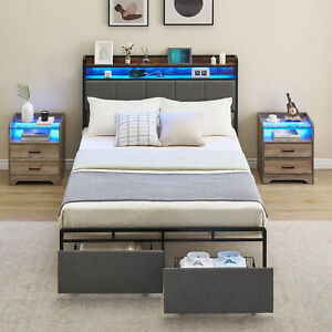 Full / Queen Size Bed Frame LED Upholstered Headboard 2 Storage Drawers Platform