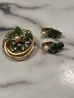 Vintage Kramer Brooch Earrings Green Agate Flower Pearl Infinity Circles 1960s