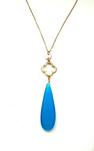 Long Quatrefoil Turquoise Cultured Sea Glass Teardrop Pendant Necklace Goldtone
