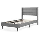 Twin Bed Frame with Wingback Headboard Linen Upholstered Platform Bed Grey