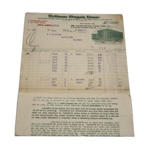 1917 Baltimore Bargain House Wholesalers Maryland Antique Bill Letterhead