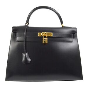 Hermes Black Box Calf Kelly 32 Sellier Handbag 27.S □C KK91561