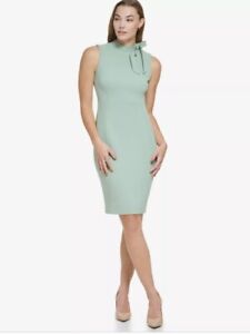 CALVIN KLEIN NWT New Size 10 Medium Pastel Green Jade Bow Neck Sleeveless Dress
