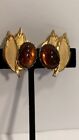 Amber Stone and Leaf Gold tone Clip on Earrings