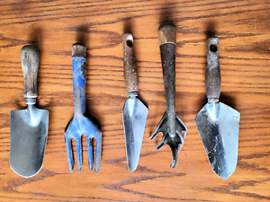 Vintage Set Of 5 Wood Handle Steel Garden Tools, Trowels, Fork, Digger Claw