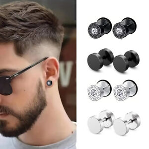 4 Pairs Earring for Punk Men Stainless Steel Flat Round Stud Earrings Piercing