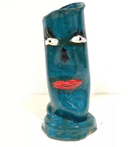 Unusual Pottery Face Vase Small Unique 3-D Brutalist Style Signed Woman Appx 6”