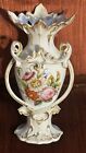 Antique Old Paris Porcelain Vase White w Gold Trim 10.75” HP Flowers VGC