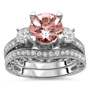 1.40 Ctw Created Morganite & Diamond 14K White Gold Over Bridal Engagement Ring
