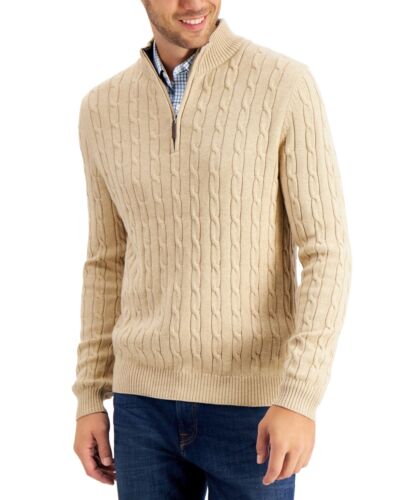 Club Room Mens Cable-Knit Quarter-Zip Sweater Toast Heather Tan Brown Large