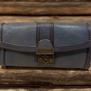 Fossil Long Live Vintage Trifold Denim Blue Leather Wallet  Credit Card Slot