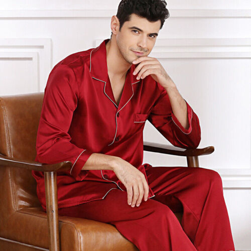 Mens Silk Satin Pajamas Set Sleepwear Pyjamas Long Sleeve PJ Set Top and Bottom