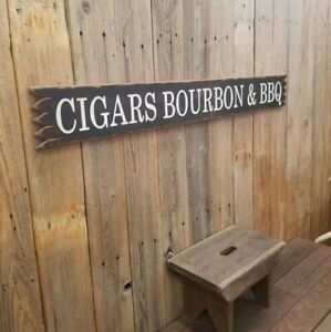 CIGARS BOURBON & BBQ/Distressed/Carved/Wood/Sign/Man Cave/Drinking/Tavern/Bar