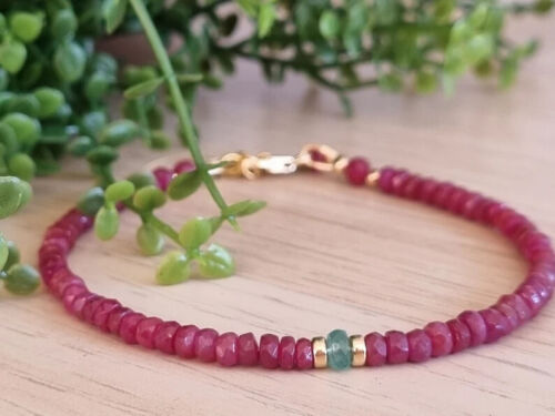 Natural Ruby & Emerald Faceted Gemstone Beads Bracelet 14k Gold Over Clasp 7.5''