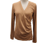 Cabi Long Sleeve Rouched Hanky Wrap V-Neck Blouse Top Women's Size Large Tan Pum