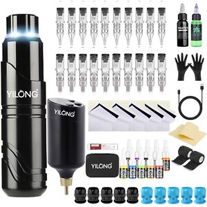YILONG Wireless Tattoo Pen Machine Kit Complete with Power Supply Needles Inks