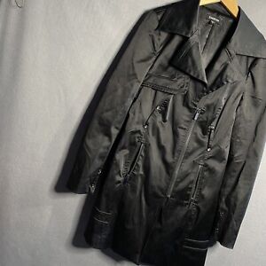 bebe satin trench coat medium m black shiny long zipper pockets chic city tn