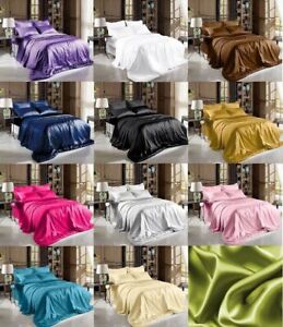 Soft Satin Pillowcase+Fitted+Flat Bed Sheet Set  Solid Color Deep Pockets New