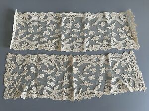 C.1900 Antique Victorian Brussels Applied Lace On Net Pair Cuffs
