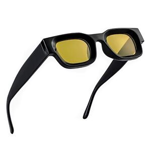 Small Black Square Frame Retro 90's Yellow Tint Men Women Rectangle Sunglasses