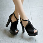 Womens Buckle High Heels Peep Toe Ankle Strap Sandals Pumps Platform Block Shoes